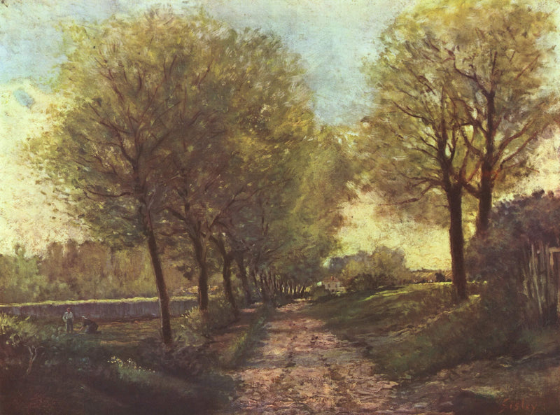Avenue of trees in a small town by Alfred Sisley — Oil Painting Reproduction