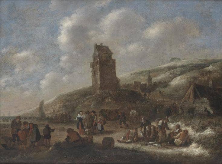 Fishermen with their catch on the beach by Klaes Molenaer — Oil Painting Reproduction