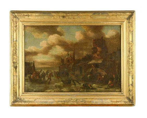Figures skating on a frozen lake possibly indistinctly signed (on the central sledge) by Klaes Molenaer — Oil Painting Reproduction