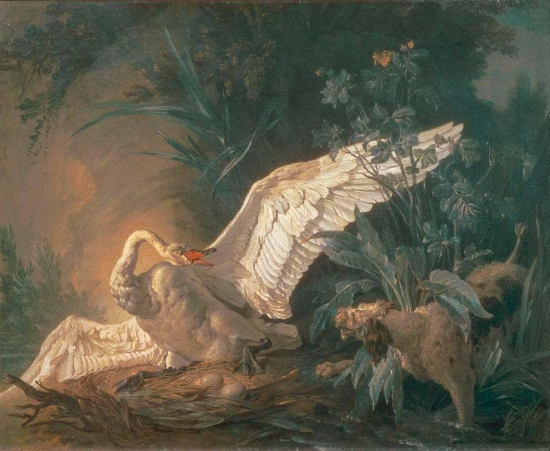 Barbet dog attacking a swan in its nest by Jean-Baptiste Oudry — Oil Painting Reproduction