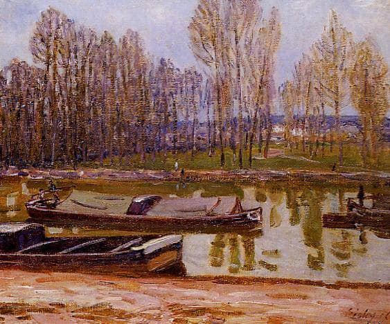 Barges on the Loing Canal, Spring by Alfred Sisley — Oil Painting Reproduction