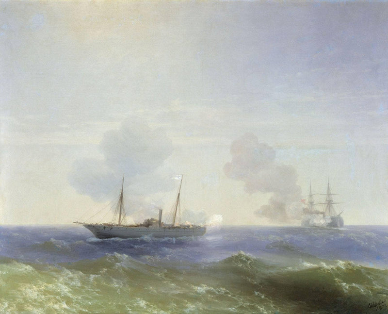 Battle of steamship Vesta and Turkish ironclad by Ivan Aivazovsky — Oil Painting Reproduction