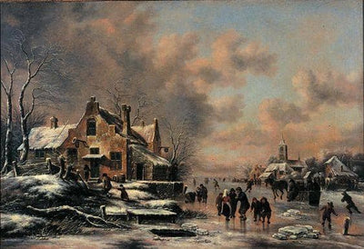 A winter landscape with figures skating on a frozen river in apartment