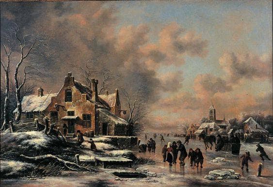 A winter landscape with figures skating on a frozen river by Klaes Molenaer — Oil Painting Reproduction