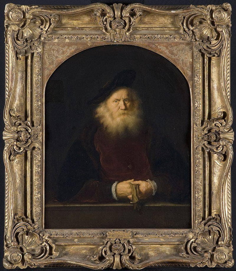 Bearded Old Man in a Beret at a Balustrade, Holding His Gloves by Salomon Koninck — Oil Painting Reproduction