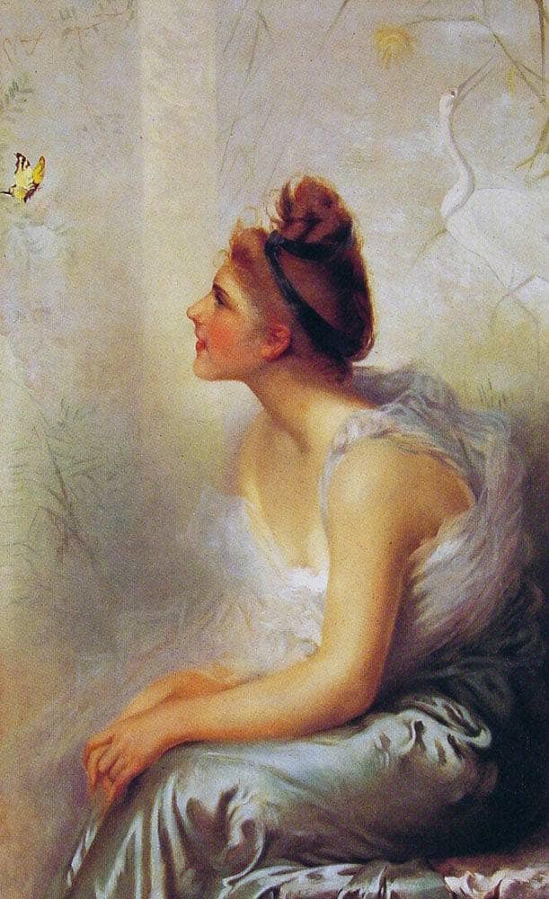 Beauty and the butterfly by Vittorio Matteo Corcos — Oil Painting Reproduction
