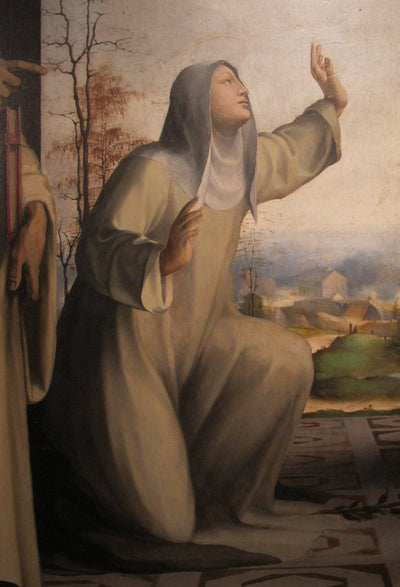 Saint Catherine of Siena receiving the stigmata between Saints Benedict and Jerome (detail) in hallway