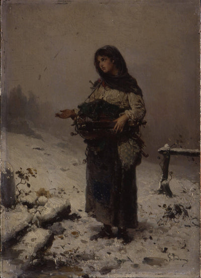Beggar under the snow in entryway
