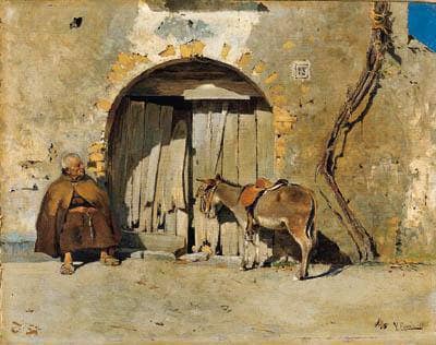 Begging monk with donkey by Vincenzo Caprile — Oil Painting Reproduction