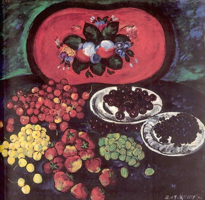 Berries on the background of a red tray by Ilya Mashkov — Oil Painting Reproduction