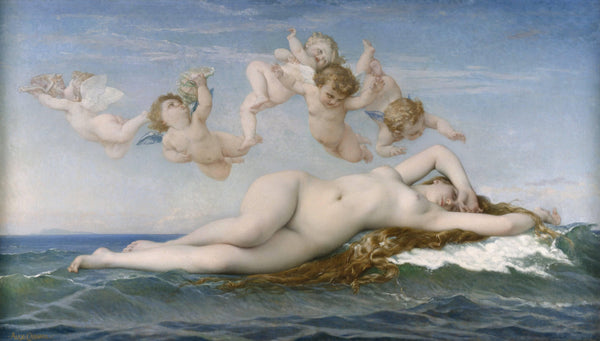 The Birth of Venus by Alexandre Cabanel, a nude Venus reclining on a wave with cherubs overhead.