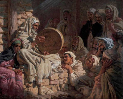 Blind meddah singing the epic of the prophet or the Arab storyteller in kitchen