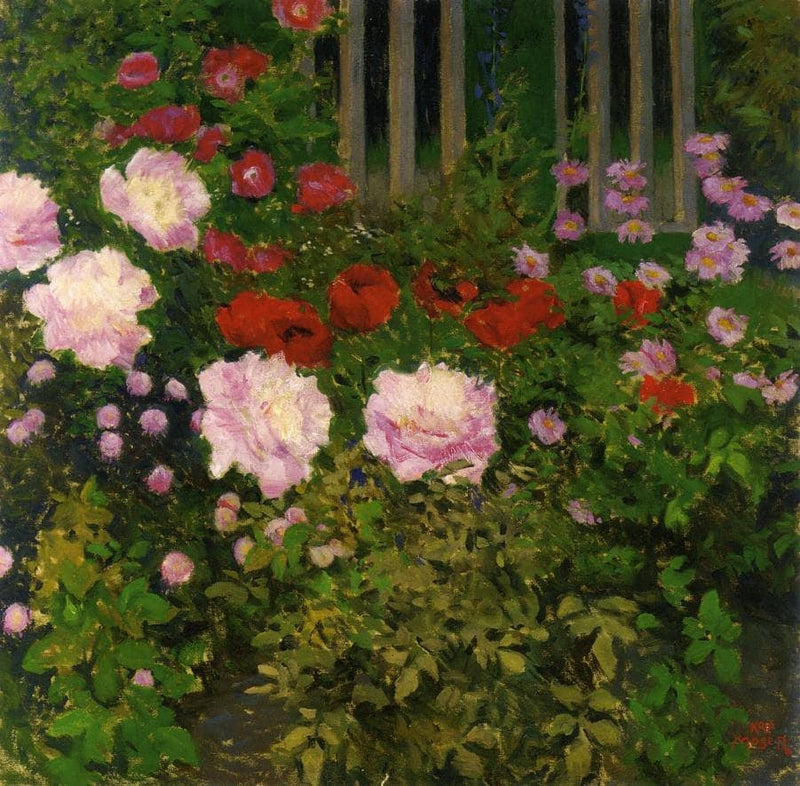 Blooming Flowers with Garden Fence by Koloman Moser — Oil Painting Reproduction