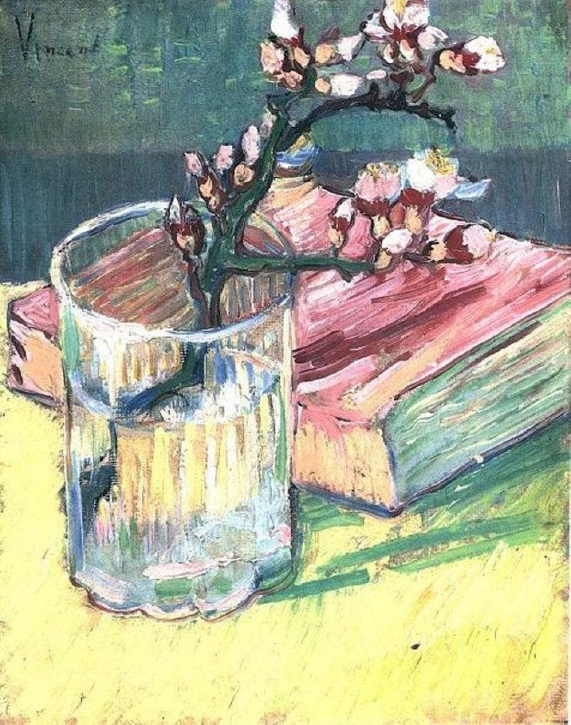 Blossoming Almond Branch in a Glass with a Book by Vincent van Gogh — Oil Painting Reproduction