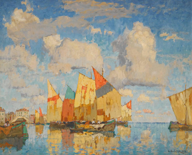 Boats in a harbour by Konstantin Gorbatov — Oil Painting Reproduction
