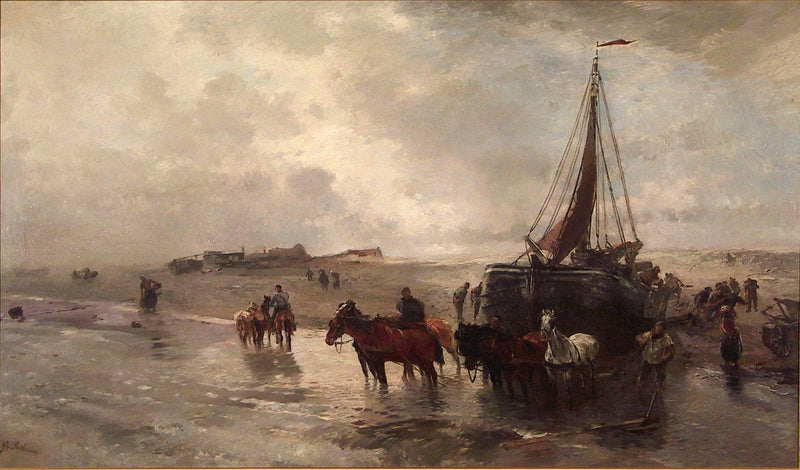 Launching a fisher boat in Holland by Oswald Achenbach — Oil Painting Reproduction