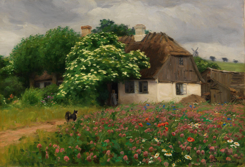 Bondehus med eng blomster by Hans Andersen Brendekilde — Oil Painting Reproduction