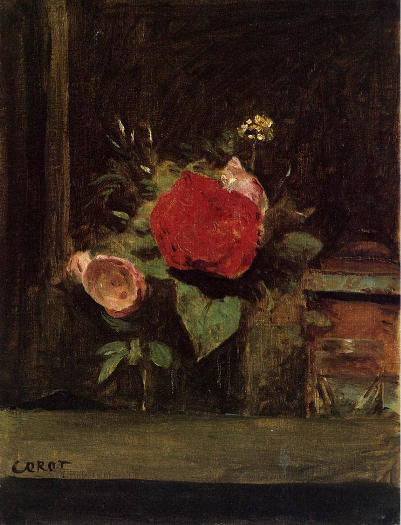 Bouquet of Flowers in a Glass beside a Tobacco Pot by Camille Corot — Oil Painting Reproduction