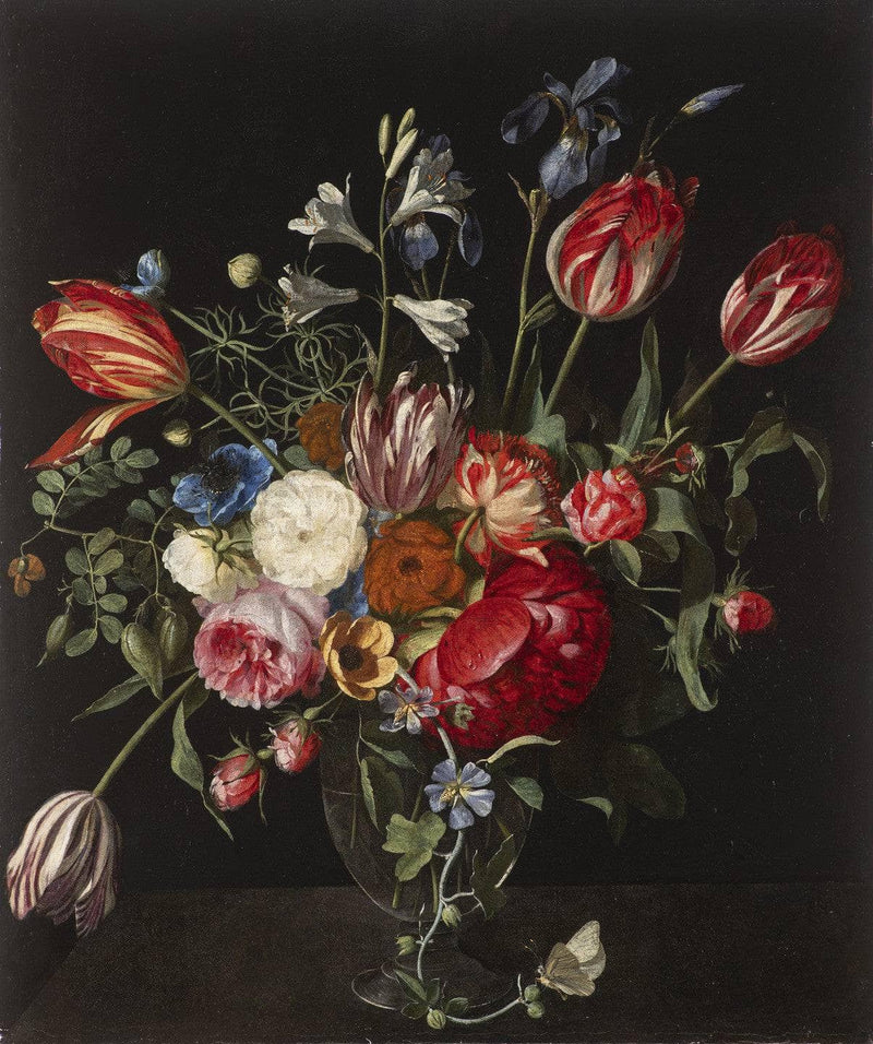 Bouquet of Flowers in a Glass Vase on Stone Ledge with a Butterfly by Daniel Seghers — Oil Painting Reproduction