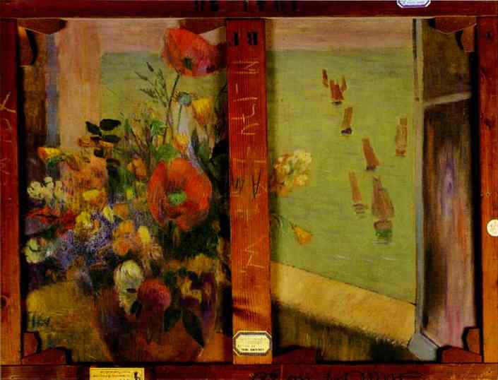 Bouquet of Flowers with a Window Open to the Sea (Reverse of Hay-Making in Brittany) by Paul Gauguin — Oil Painting Reproduction