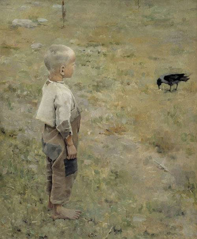 Boy with a Crow in hallway