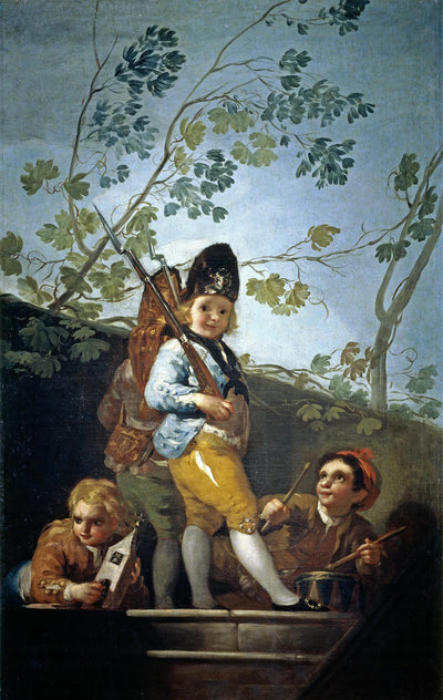 Boys playing soldiers in bedroom