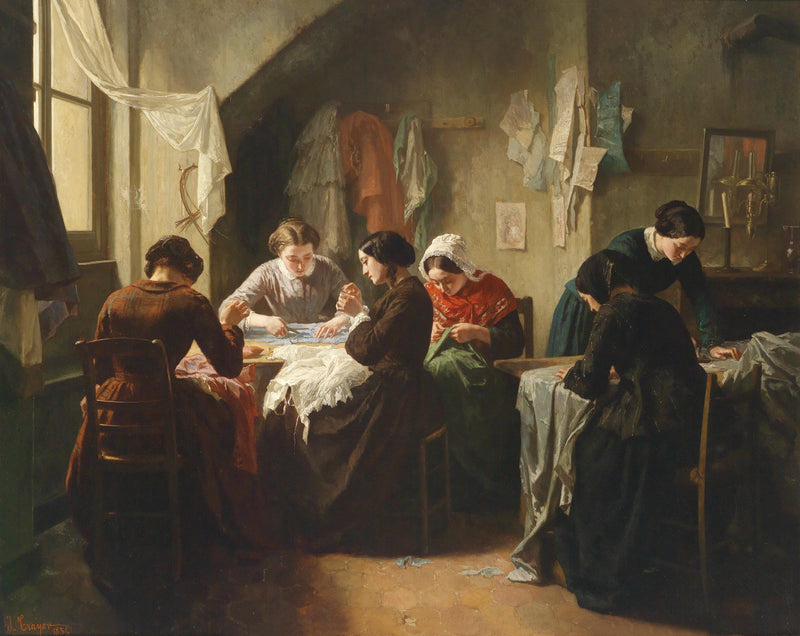 Breton seamstresses working in a sewing workshop by Jules Trayer — Oil Painting Reproduction