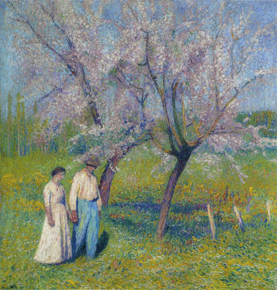 Brides walk under the apple trees in study
