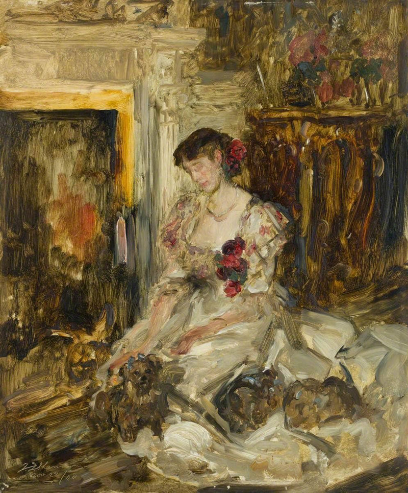 Lady Barber Seated with Yorkshire Terriers in the Music Room at Culham Court by James Jebusa Shannon — Oil Painting Reproduction