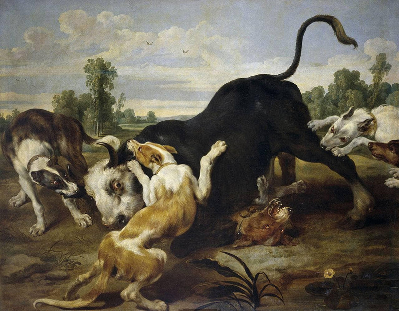 Bull subdued by dogs by Paul de Vos — Oil Painting Reproduction