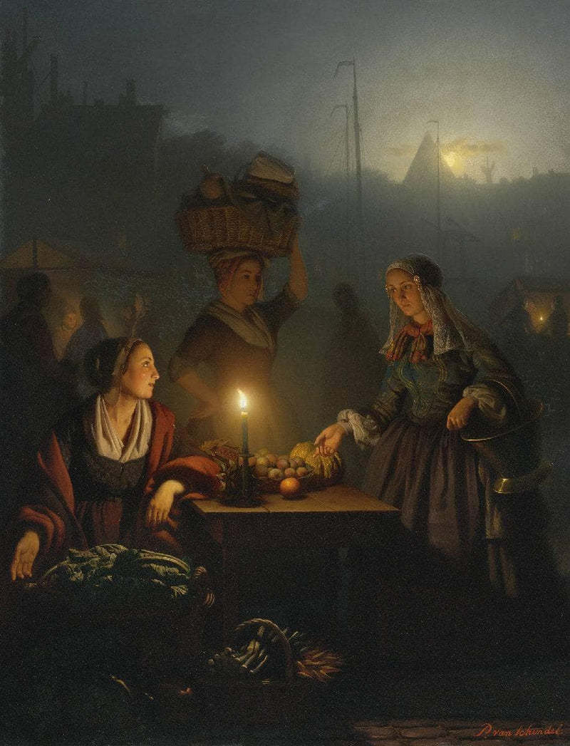 Buying Fruit and Vegetables at the Night Market by Petrus van Schendel — Oil Painting Reproduction