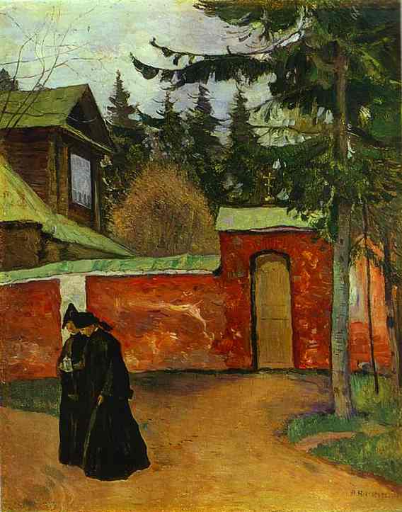 By a Monastery Entrance by Mikhail Nesterov — Oil Painting Reproduction