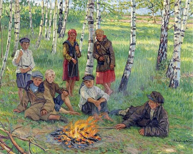 By the Campfire by Nikolay Bogdanov-Belsky — Oil Painting Reproduction