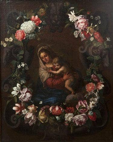 Virgin and Child in a crown of flowers in hallway