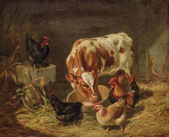 Calf and 4 Fowls by Arthur Fitzwilliam Tait — Oil Painting Reproduction
