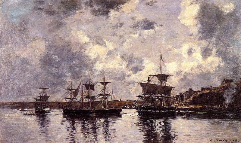 Camaret, Three Masters Anchored in the Harbor by Eugene Boudin — Oil Painting Reproduction