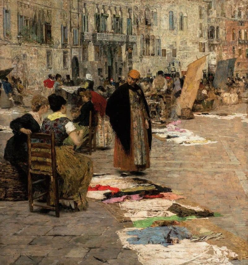 Campo San Polo market in Venice by Giacomo Favretto — Oil Painting Reproduction