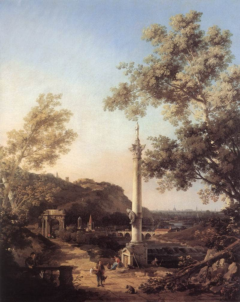 Capriccio: River Landscape with a Column by Canaletto — Oil Painting Reproduction