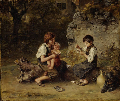 Card-playing shoemaker boys in entryway