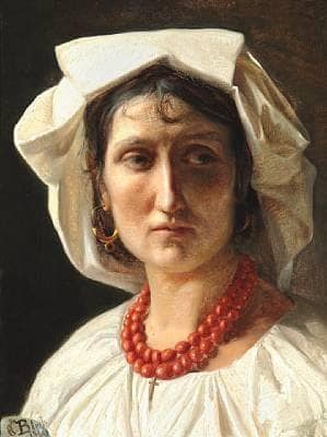 Portrait of a young Italian woman with white bonnet and coral necklace with a cross by Carl Bloch — Oil Painting Reproduction