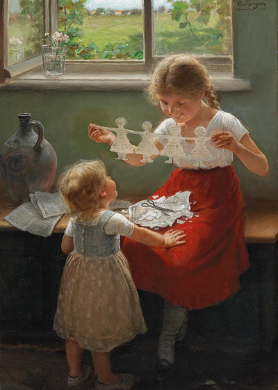 Children making silhouettes in apartment