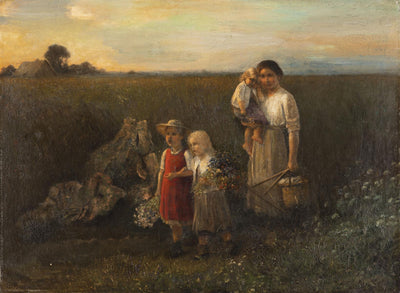 Young peasant woman with her daughters in modern living room