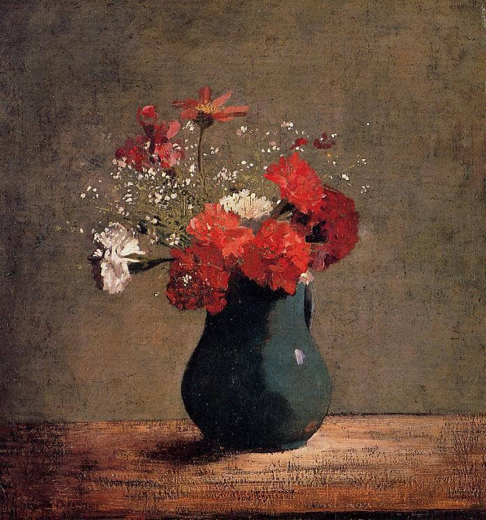 Carnations and baby's breath in a green pitcher by Odilon Redon — Oil Painting Reproduction