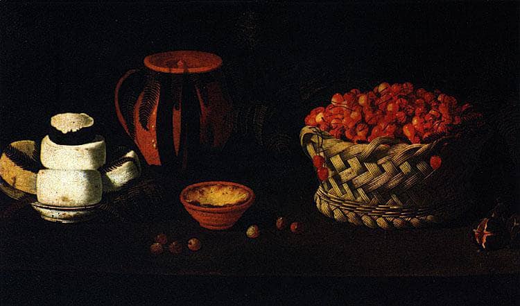Cesta com Cerejas, Queijos e Barros by Josefa de Obidos — Oil Painting Reproduction