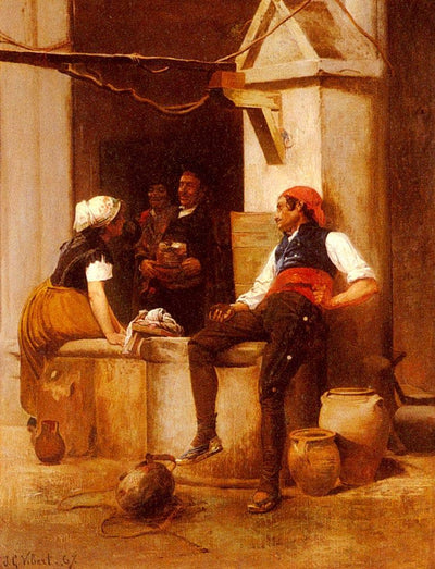Chatting by the Fountain in entryway