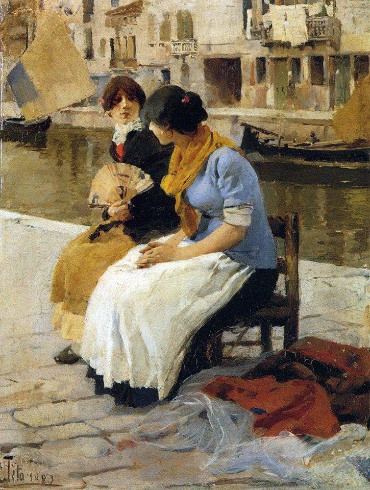 Chatting by Ettore Tito — Oil Painting Reproduction