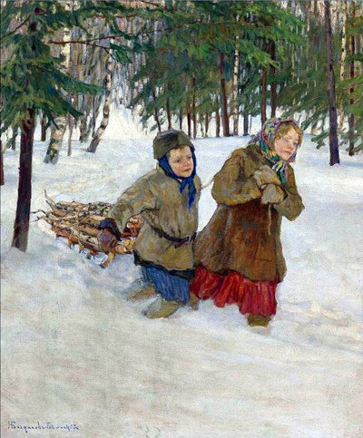 Children carrying the Wood in the Snow, Winter in living room