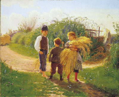 Children collecting leftover crops in apartment