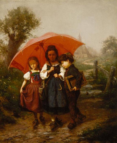 Children under a red umbrella in study