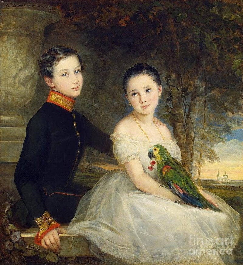 Children with Parrot by Christina Robertson — Oil Painting Reproduction